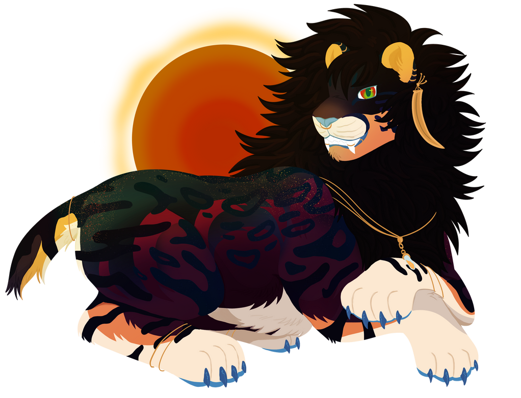 Digital art of my king, Mazarine. He is a colorbomb smilus with blue and pinkish markings, and dark stripes. He is laying down with his paws crossed and a smug expression on his face. He is wearing copious amounts of gold jewelry. Behind him is an eclipsed sun, and the overlay on him is harsh.