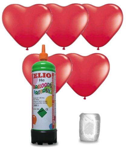 Helium Ballongas Set mit 15 roten Herz-Luftballons