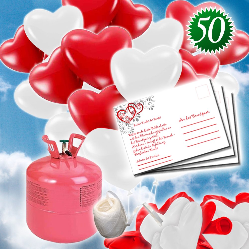 50 HELIUM Herzluftballons Hochzeit rot/weiss