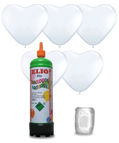 Helium Ballongas Set mit 15 weißen Herz-Luftballons