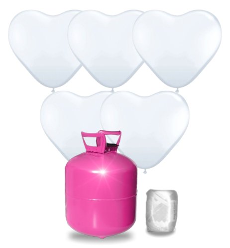 Helium Ballongas Set mit 55 weißen Herz-Luftballons