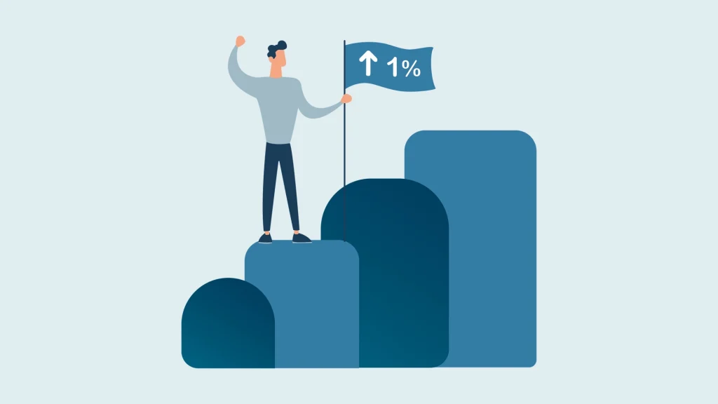 Illustration of a man standing on a series of steps and holding a flag with '1%' printed