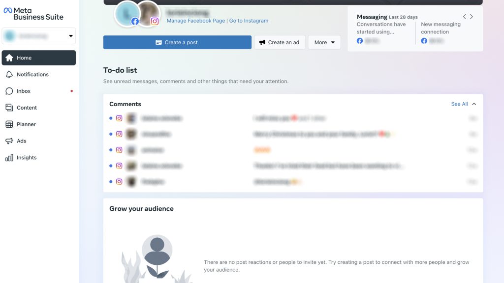 Anonymized screenshot of Meta Business Suite