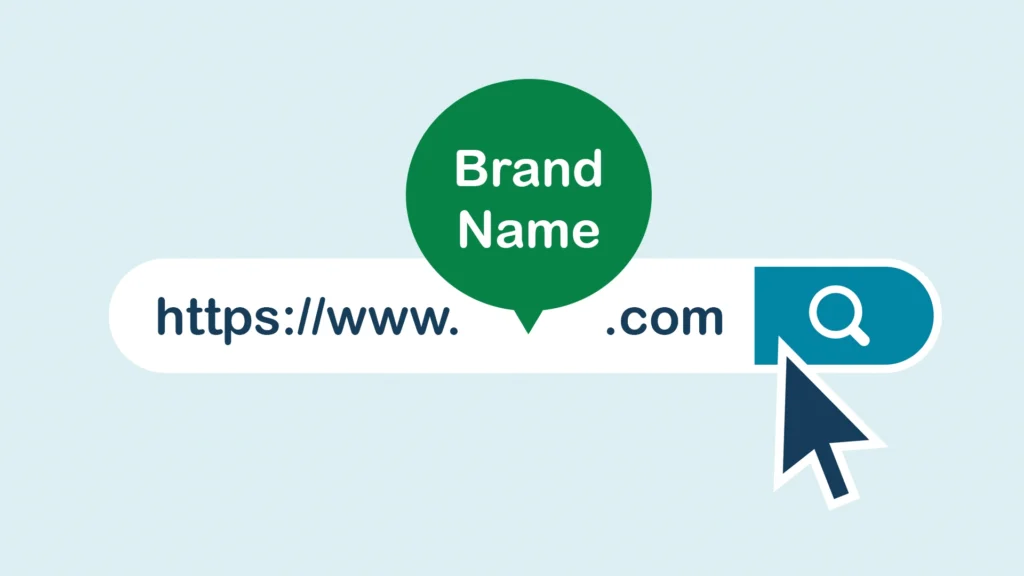 Graphic of a URL address bar with "brand name" called out in a speech bubble, inserted between "https://www." and ".com"
