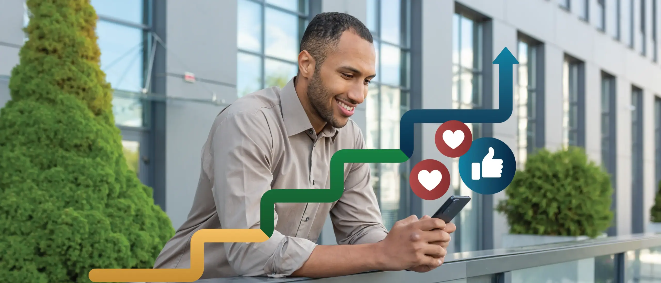 Image of a person sitting outside of a building, using their smartphone. Overlaid are an upward-trending arrow, and icons of hearts and a thumbs-up.