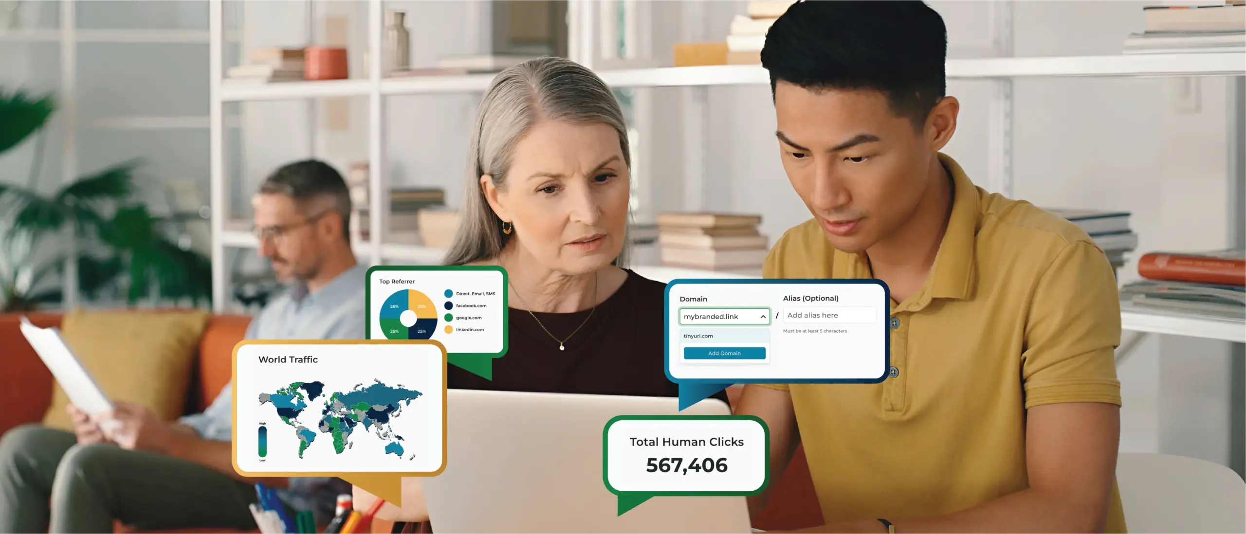 A young man and older woman standing in front of an open laptop computer. Overlaid are graphs and UI elements from the TinyURL URL shortening tool.