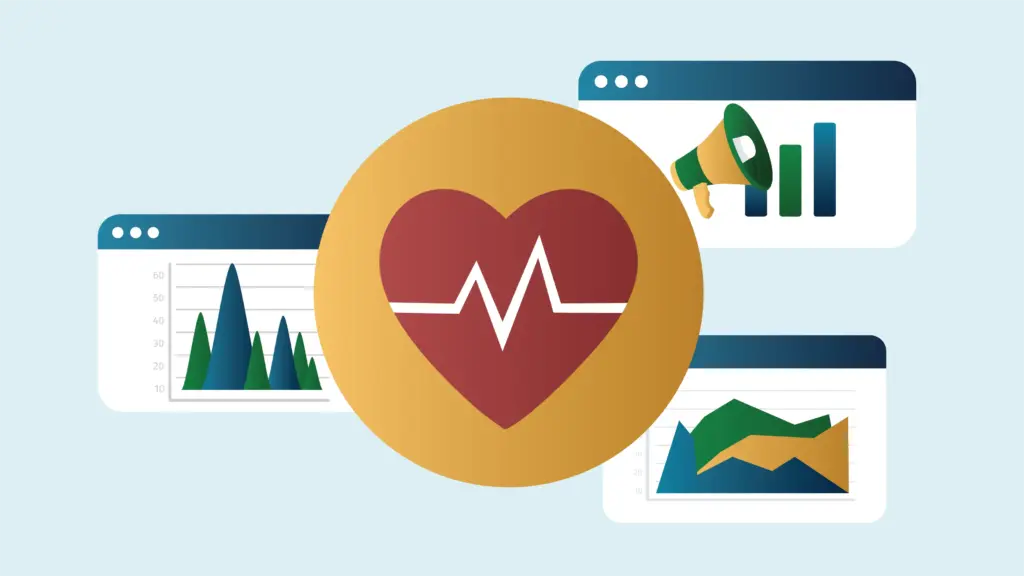 Illustration of a heart containing a pulse line. This is overlaid on top of illustrations of web browser windows representing analytics, and reach.