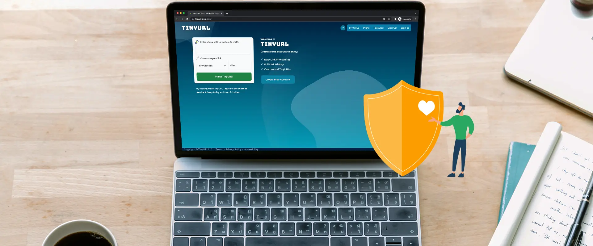 Header image for the article: laptop on a neat desk with TinyURL loaded on a browser.