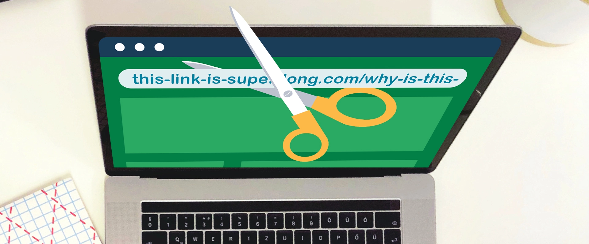 Header image for the article. Illustration of a pair of scissors trimming a long link in a browser address bar.