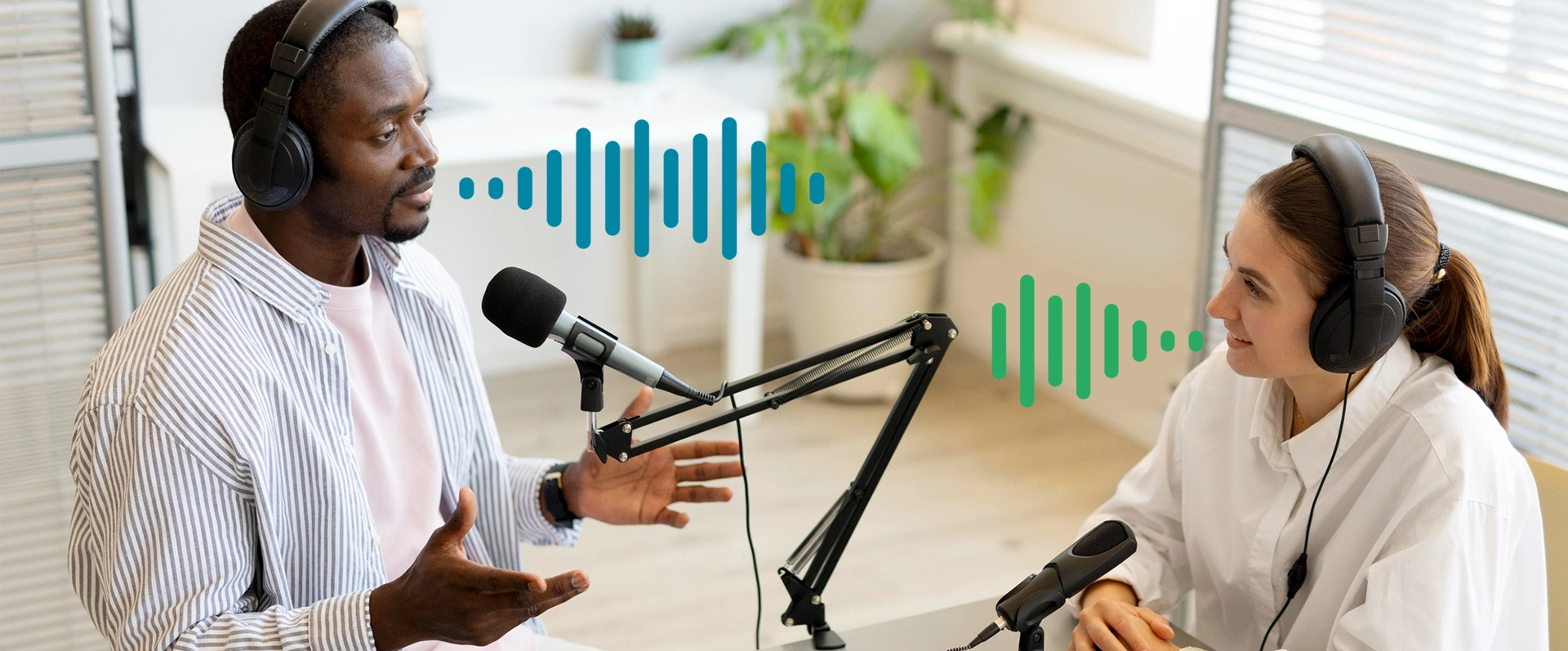 A banner photo of two people hosting a podcast, with waveform graphics overlaid.