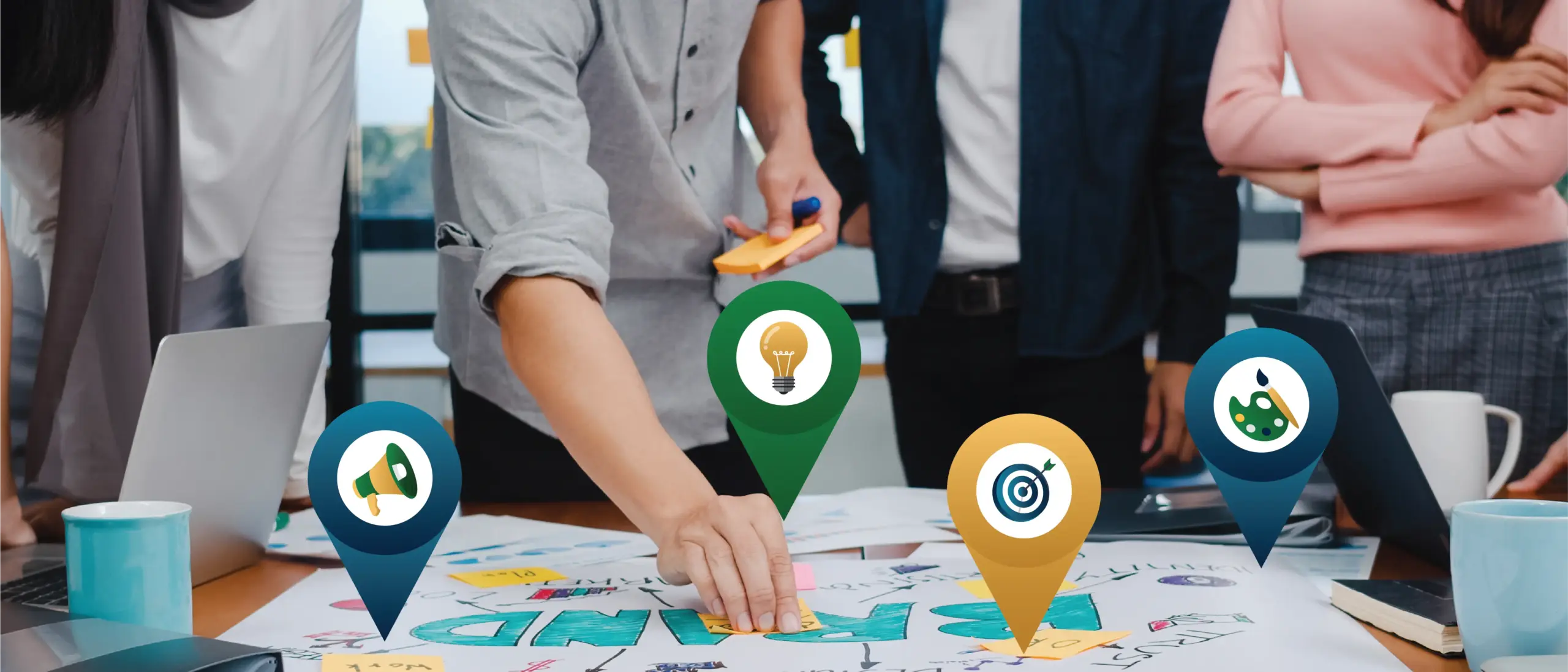 A group of people standing around a map on a table. Overlaid are illustrated pins with symbols for communication, ideas, targets, and creativity.