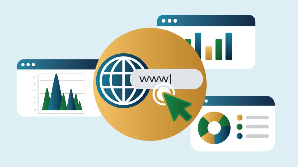 Illustration displaying a mouse cursor, the icon for the World Wide Web, and a browser address bar. These are overlaid on top of three different illustrations representing analytics.