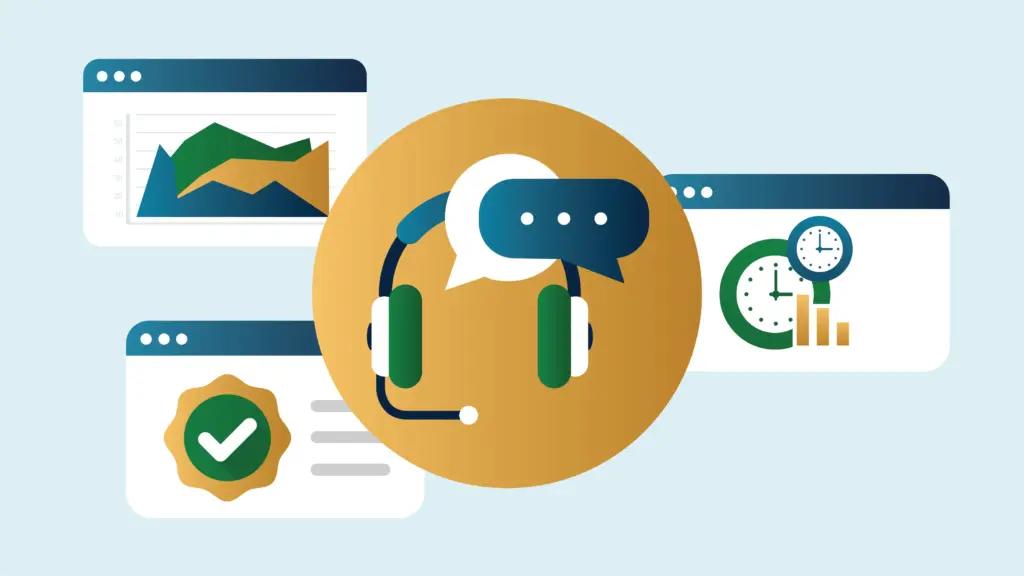 Illustration of a pair of headphones and a speech bubble. These are overlaid on top of illustrations of web browser windows representing analytics, time, and engagement.