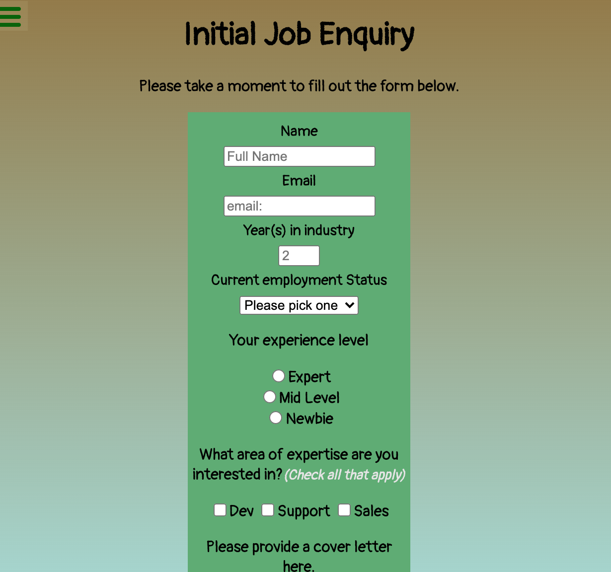 Job Enquiry Web Form