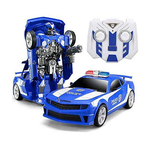 YARMOSHI Police Car Robot w/ Remote Control and USB Charger. Flashing Lights - Plays Sounds - 2 Modes - Combat and Dance. Fun Gift for Boys and G, Color = Blue 