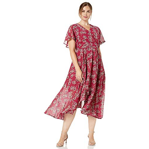 Sharagano Womens Plus Size Faux Wrap Chiffon Dress 