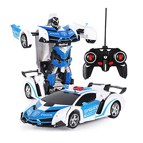 Pawaca Remote Control Car Car to Robot Mode Deform 2 in 1 Models RC Deformation Car One-Button Transformation Vehicles Robot Toys with Sounds L, Color = White 