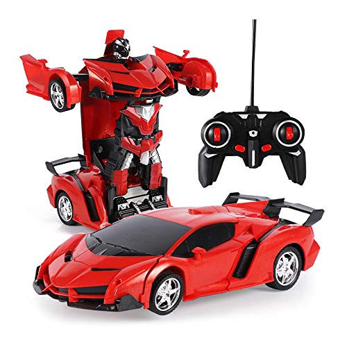 Pawaca Remote Control Car Car to Robot Mode Deform 2 in 1 Models RC Deformation Car One-Button Transformation Vehicles Robot Toys with Sounds L, Color = Red 