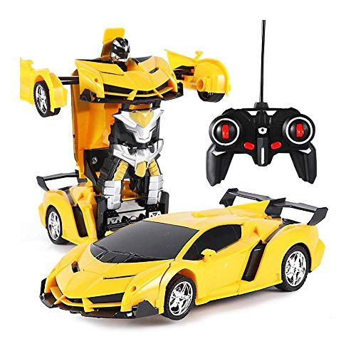 Pawaca Remote Control Car Car to Robot Mode Deform 2 in 1 Models RC Deformation Car One-Button Transformation Vehicles Robot Toys with Sounds L, Color = Yellow 