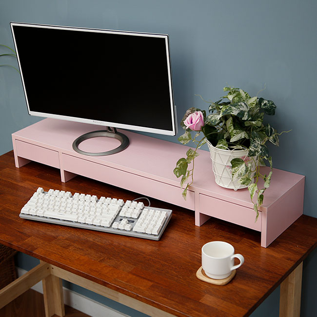 데코밸런스 컬러 모니터받침대 듀얼 모니터 빋침 선반 서랍형, 핑크 