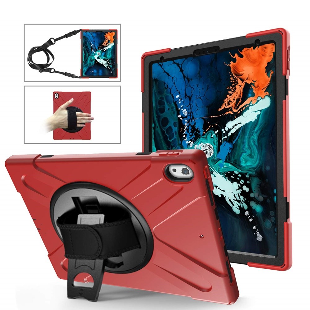 by TSQ iPad Pro 12.9 케이스 3 레이어 하드 하이브리드 수비수 범퍼 헤비 듀티 쉘 고 충격 보호 케이스 스탠드 360도 회전 숄더 스트랩 목 2018 릴리스 (빨간색), 단일색상 