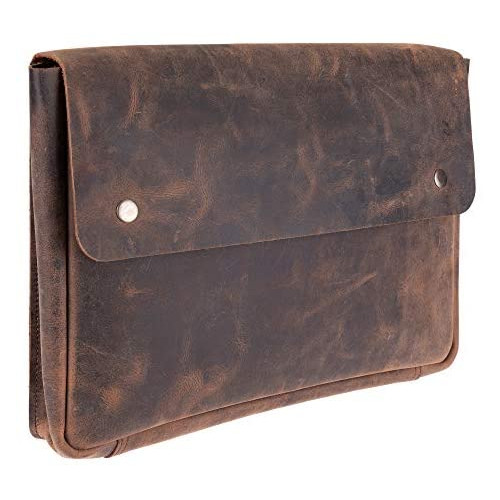 노트북 파우치 Genuine Leather Portfolio Folder & Laptop Bag &ndash Spacious Handmade Strapless Design &ndash Distressed Rustic Buffalo Leather Folder H, Size = 14 " x 10 " | Color = Dark Brown 