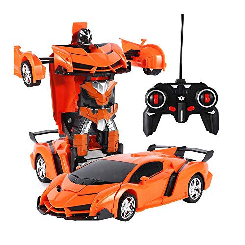 Pawaca Remote Control Car Car to Robot Mode Deform 2 in 1 Models RC Deformation Car One-Button Transformation Vehicles Robot Toys with Sounds L, Color = Orange 