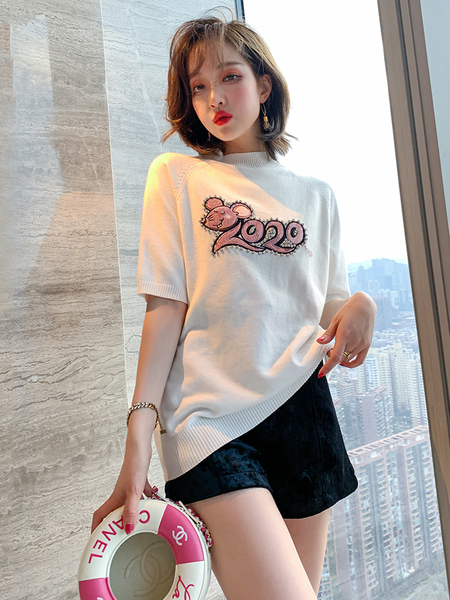 ZHIMIAO 숫자 스쿠터 스탠딩 넥 심플 레이어드 니트 5부 티셔츠 여성복 2020 봄 