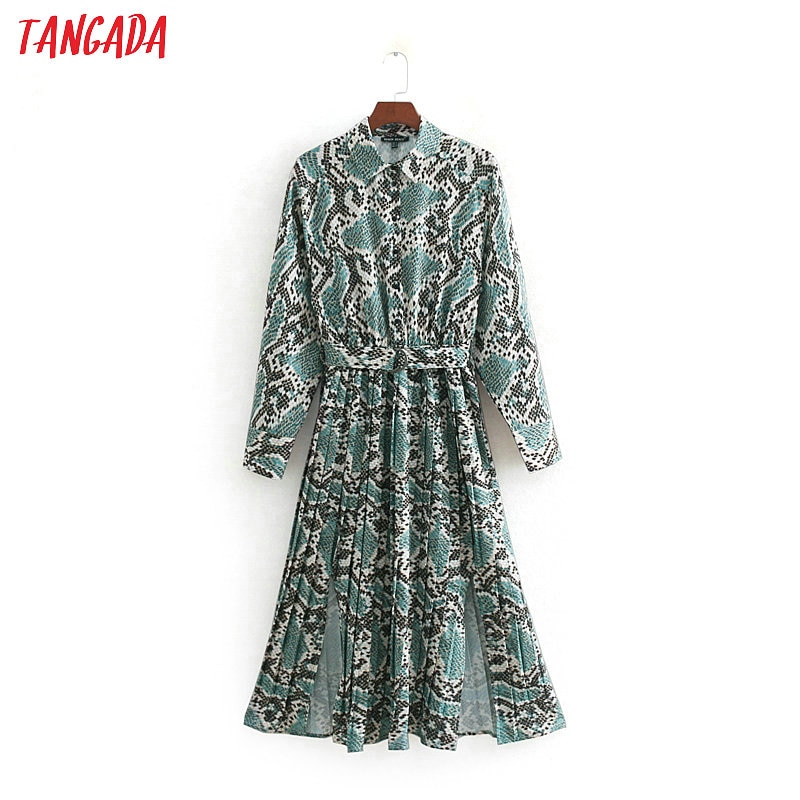 Tangada 여성 녹색 셔츠 드레스 뱀 인쇄 빈티지 레이디 사이드 오픈 2019 벨트 드레스 아늑한 여성 미디 드레스 vestidos cc414 