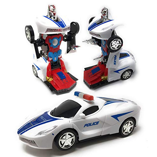 KIDSTHRILL Police Car Toy | 2 in 1 Car | Realistic Robot - Bump and Go Action - Sounds & Colorful Lights - Blue and White Color Combo - Compact M, 본문참고 