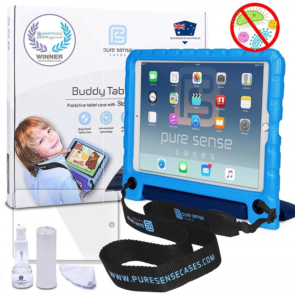 by Pure Sense Cases 2019 10.2 iPad (7 세대) Air 3 Pro 10.5 용 Buddy [항균성 키즈 케이스] 풀 키트 커버 스트랩 스프레이 (파란색), 단일색상 