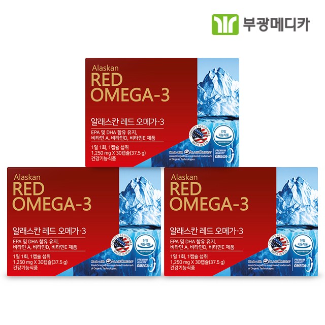 부광메디카 알래스칸 레드 오메가3 1250mg 인지질 EPA DHA 비타민A 비타민D 비타민E, 3box, 30캡슐 
