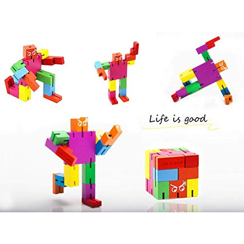TKmom Life is Good Brain Teaser Wooden Robot Transformer Toy Multi-Color Tetris Twister Cubebot, 본문참고 