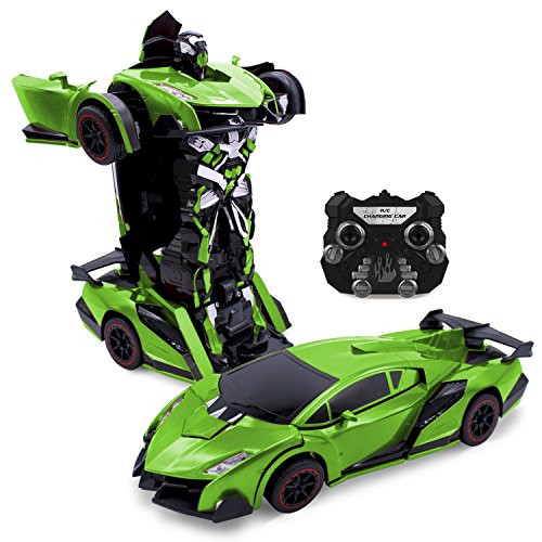 Kids RC Toy Car Transforming Robot One Button Transformation Engine Sound Dance Mode 360 Spinning Speed Drifting 2 Band 2.4 GHz Remote Control Ve, Color = Green 