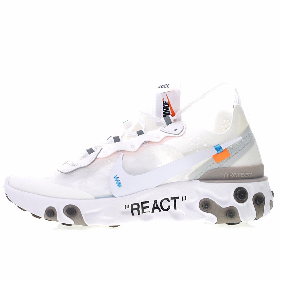 나이키 Nike x Off white 다가오는 React Element 87 반투명 시리즈 전위차 조깅화 "OW 투명 메쉬 화이트 블루 블랙 오렌지 "AQ0068-100 