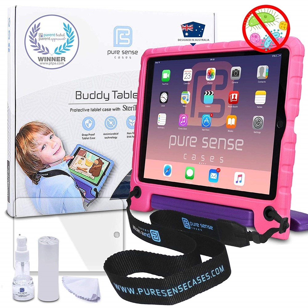by Pure Sense Cases Apple iPad Pro 12.9-1st 2nd Gen 2017 용 Buddy [항균성 키즈 케이스] | 전체 키트 케이스 스트랩 스크린 프로텍터 스프레이 (핑크), 단일색상 