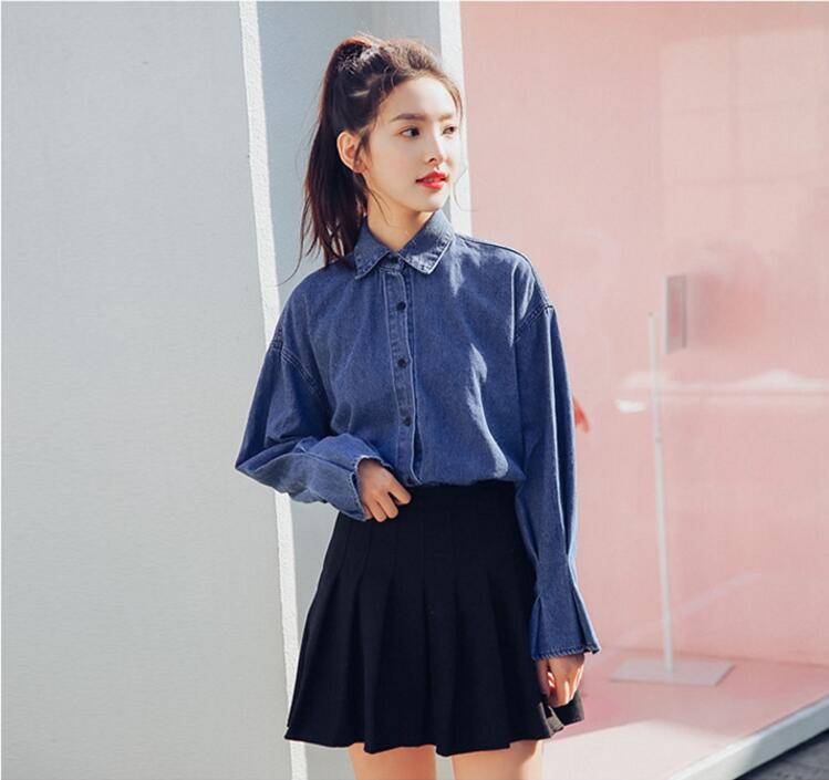 ksw72397 (해외직배송)여성 봄 프레피 룩 데님 넥타이 루즈핏 셔츠 
