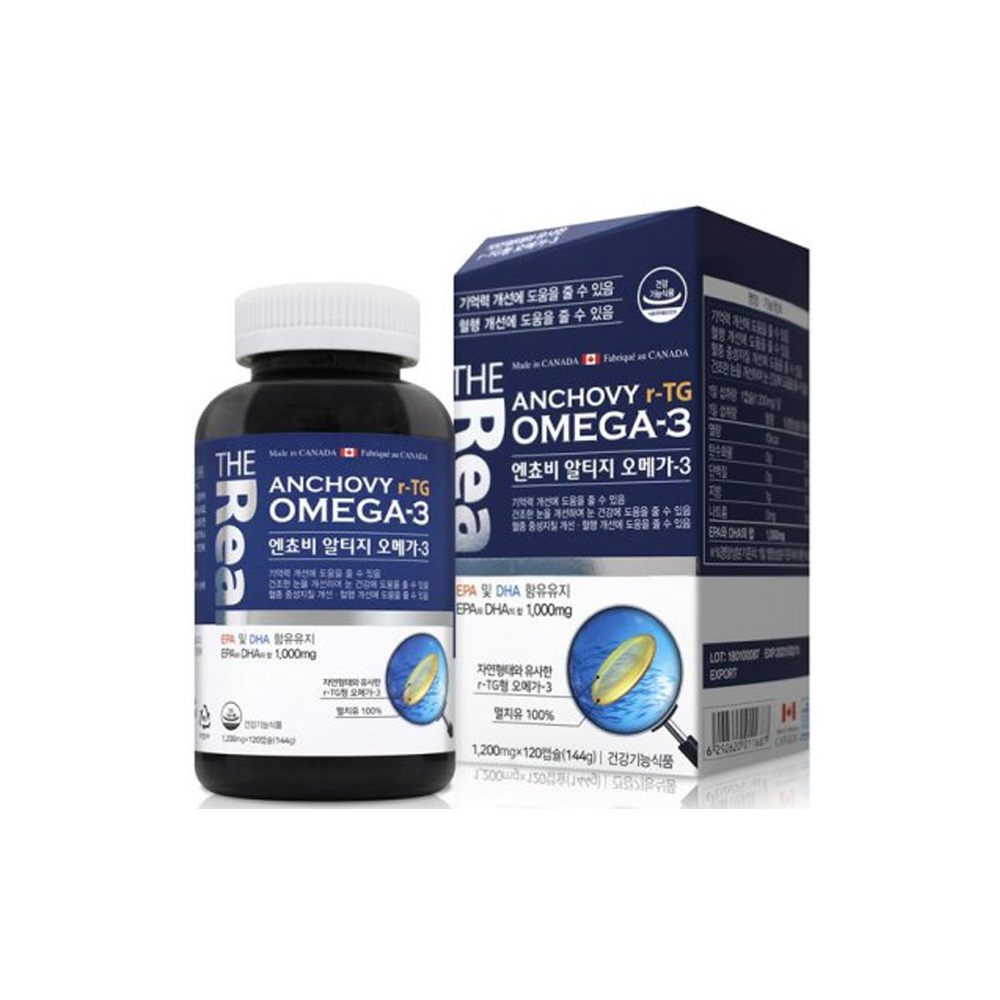 더리얼 캐나다 오메가3 rTG omega-3 엔초비 알티지 멸치유 EPA DHA 고함량 저온초임계공법 눈건강 기억력 혈관건강 중성지질개선, 3개, 1200mg 120캡슐 