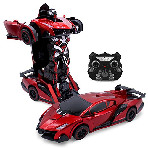 Kids RC Toy Car Transforming Robot One Button Transformation Engine Sound Dance Mode 360 Spinning Speed Drifting 2 Band 2.4 GHz Remote Control Ve, Color = Red 