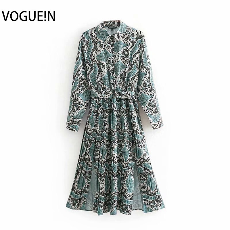 Voguein 새로운 여성 녹색 긴 소매 뱀 패턴 인쇄 벨트 pleated 미디 드레스 도매 