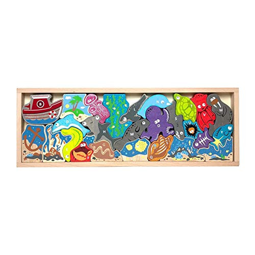 BeginAgain Animal Parade A to Z Puzzle and Playset - Educational Wooden Alphabet Puzzle - 2 and Up, Style = Ocean A to Z 