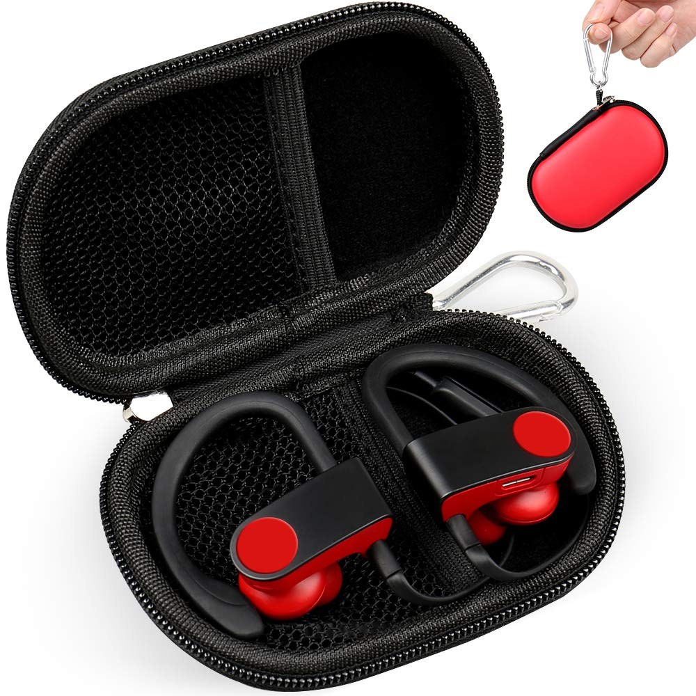 by RISETECH 이어폰 보관 케이스 하드 방수 EVA MP3 플레이어 무선 헤드폰 소형 파우치 BeatsX Powerbeats3 Jaybird X3 X4 Tarah Bose soundsport Carabiner 포함-빨간색, 단일상품 