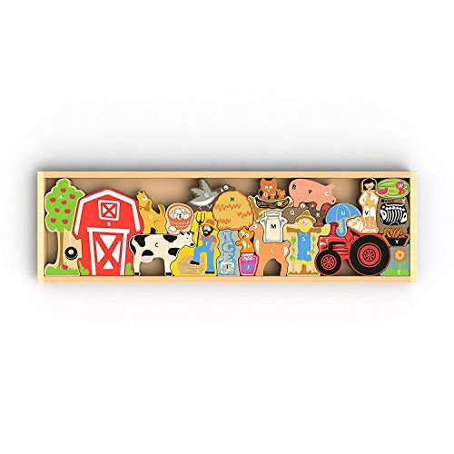 BeginAgain Animal Parade A to Z Puzzle and Playset - Educational Wooden Alphabet Puzzle - 2 and Up, Style = Farm A to Z 