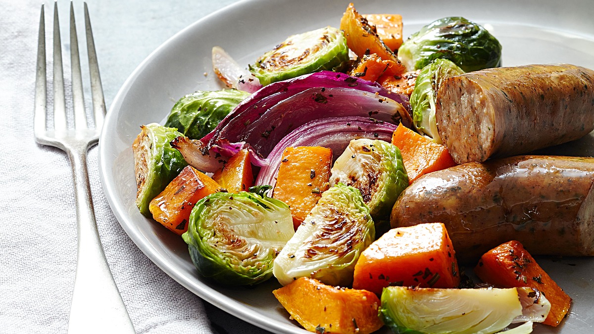 Roasted autumn vegetables & chicken sausage